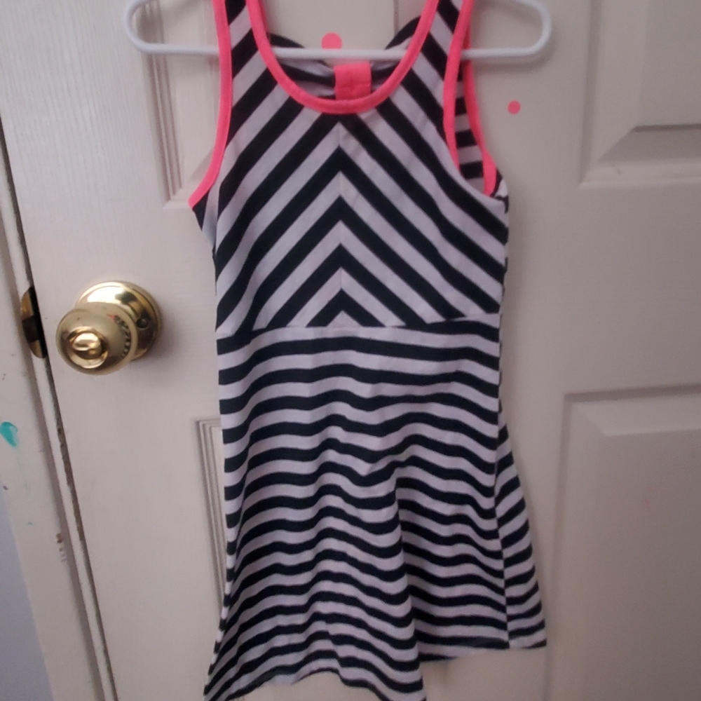 Black and white striped dress neon pink trim